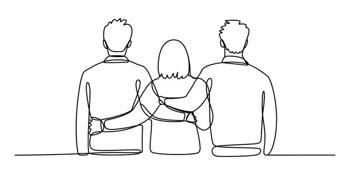 A continuous line drawing of three friends standing side by side with their arms around each other Vector, illustration