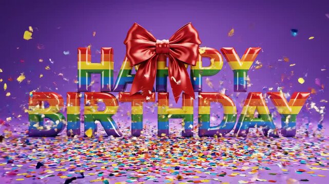 Vibrant Happy Birthday Celebration featuring 3D rainbow text with a red bow and falling confetti on a purple background, ideal for pride month greetings and festive event announcements.