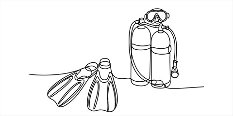 A single continuous line drawing of essential scuba diving equipment including fins and tanks. Vector, illustration © Kanu Art_Gallery