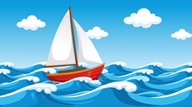 Illustration of a red sailboat with white sails on blue waves against a blue sky with white clouds.