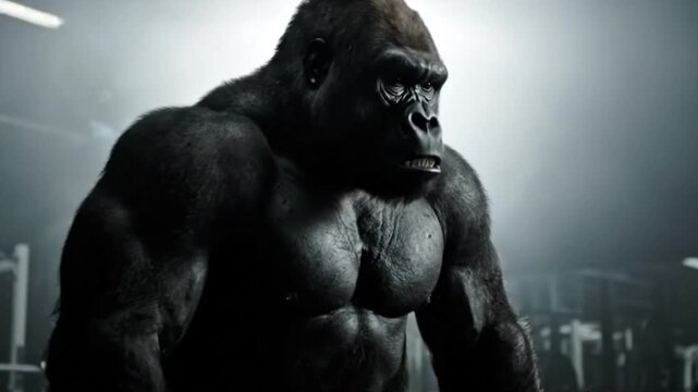 Muscular gorilla posing in a dark gym with cinematic lighting and a moody, powerful atmosphere.