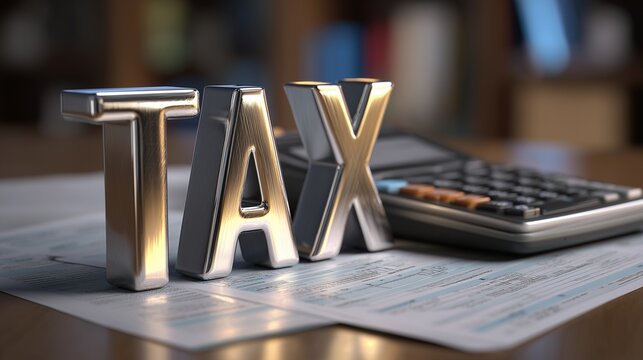 Tax Season: A close-up shot of the word TAX, meticulously crafted from polished metal, sits prominently on a spread of financial documents. A sleek calculator rests nearby.