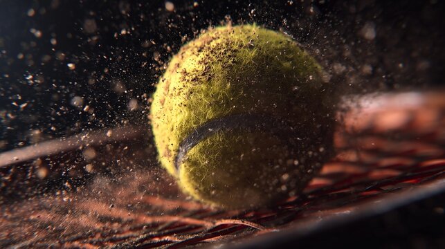 Tennis Ball in Action: Capture the dynamic moment of a tennis ball in mid-air, surrounded by a cloud of dust, emphasizing the power and energy of the sport.