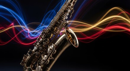Fototapeta premium A gleaming brass saxophone vibrates with energy amidst abstract motion blur and cinematic lighting, evoking a powerful musical performance, professional, spotlight, glow
