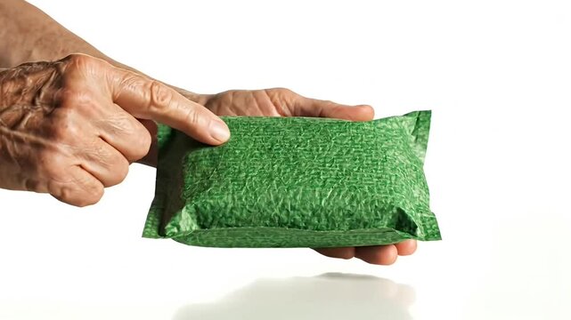 Close-up of an elderly persons hands holding a green bubble wrap package, emphasizing the texture and the act of holding a small parcel.