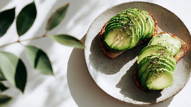 Healthy avocado toast with sprouts in sunny natural light