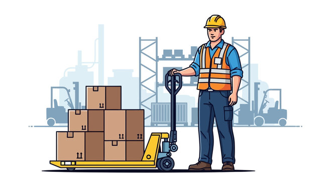 Warehouse worker with pallet jack and boxes, forklifts and shelves in background