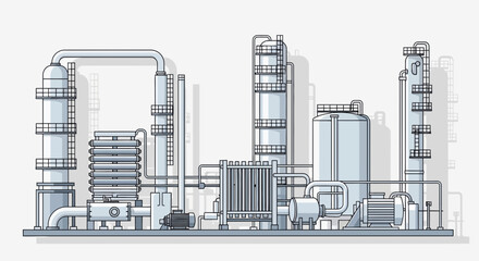 Fototapeta premium Industrial Chemical Plant Complex, Oil Refinery Equipment, Manufacturing Facility Illustration