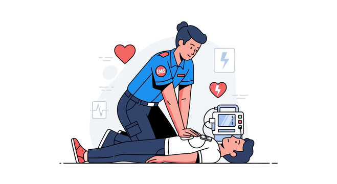 CPR training illustration: rescuer performing chest compressions on unconscious person with AED