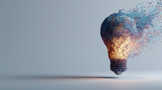 Spark of Innovation: A glowing light bulb composed of vibrant particles symbolizes a burst of creativity and innovation, casting a shadow of ideas.