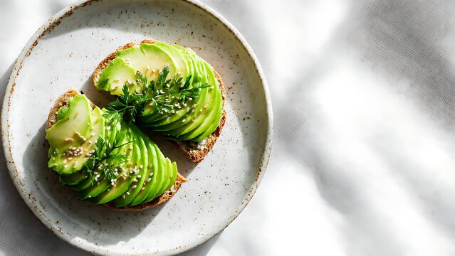 Avocado toast with fresh parsley and seeds in bright sunlight