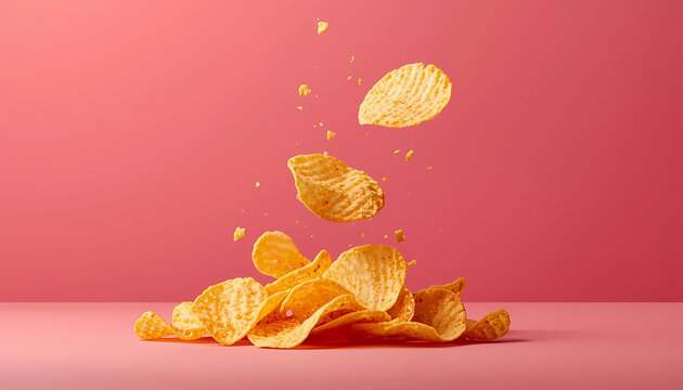 A pile of potato chips flying up against a pink background