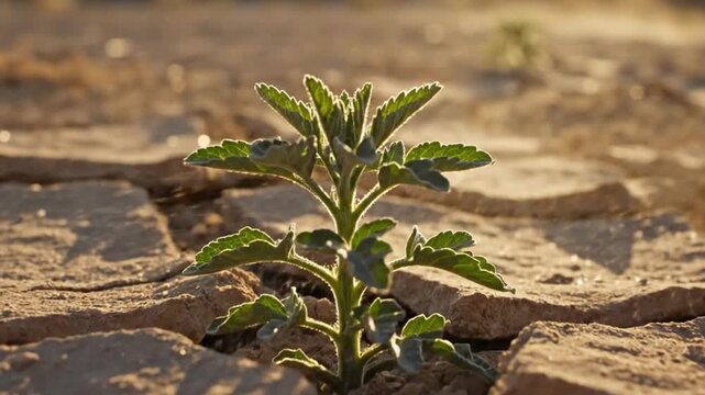 Resilient Green Plant Sprouting from Cracked Desert Soil at Sunrise