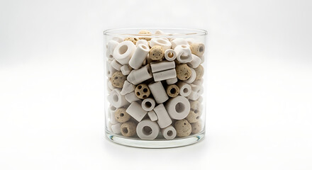 Fototapeta premium Close up shot of ceramic rings and cylinders in a clear glass jar on a white background