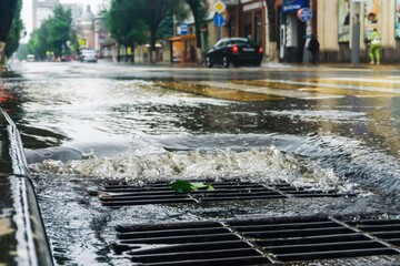 Close-up of stormwater pouring into a metal grate on a rainy urban street with traffic and buildings in soft focus. © Александр Коновалов