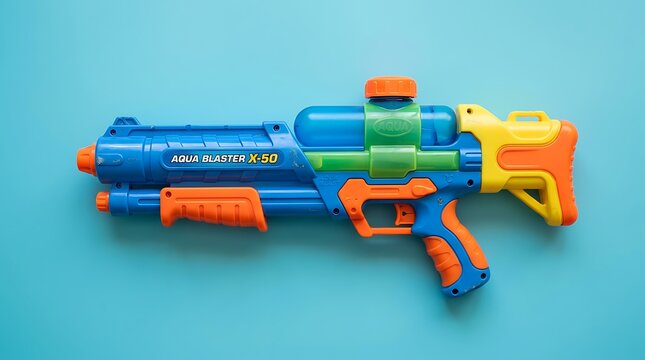 Colorful toy water blaster gun designed for outdoor fun and summer activities with vibrant handles and trigger