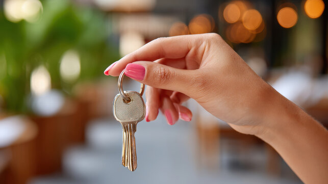 Woman hand holding metal keys on keyring for motel room access and rental check-in background for hospitality service and travel booking banner