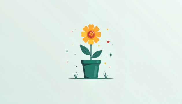 vibrant flower in a green pot with leaves surrounded by whimsical elements against a light background for decoration and design