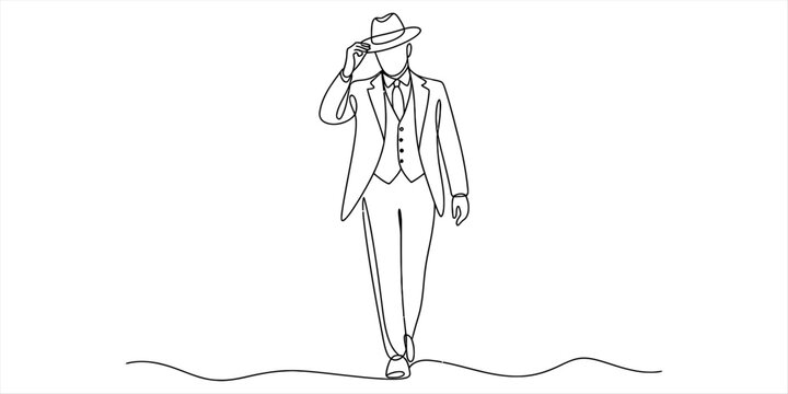 A single continuous line drawing of a sophisticated man wearing a formal suit and a fedora hat Vector, illustration