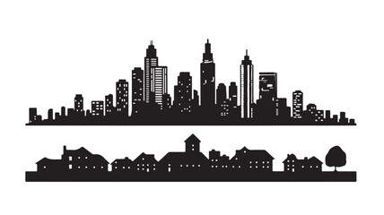 City skyline silhouettes, urban landscape icons, black cityscape vectors, modern town skylines