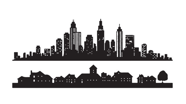City skyline silhouettes, urban landscape icons, black cityscape vectors, modern town skylines