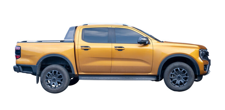 Clean new orange pickup truck with right side view parking isolated with clipping path in png file format