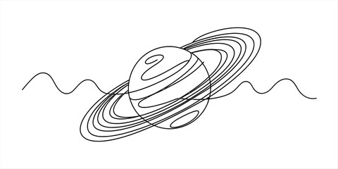 A minimalist black and white line art illustration of a planet with rings and a wavy horizon line Vector, illustration © Surjo Stocker_2026