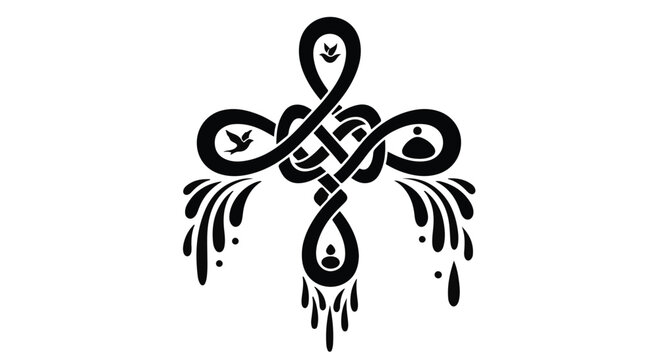 Celtic cross knot symbol featuring intricate braided patterns and flowing water droplets isolated on a white background for spiritual design elements and creative graphic branding projects.