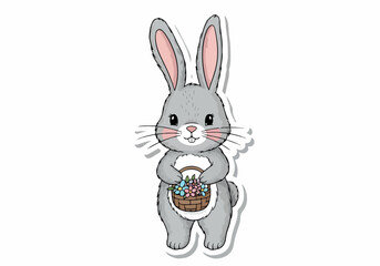 Obraz premium Vector illustration of a cute Easter bunny rabbit holding a basket full of flowers, perfect for spring and holiday designs