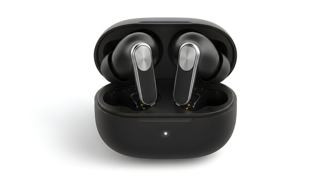 Black wireless earbuds in open case on white background