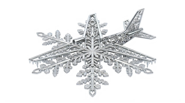 Detailed silver airplane snowflake ornament with intricate designs and patterns transparent background
