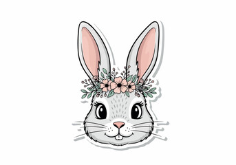 Fototapeta premium Vector illustration of a cute Easter rabbit adorned with a delicate floral crown, perfect for spring celebrations and charming designs