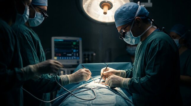Medical professionals performing laparoscopic surgery using advanced technology.