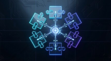 Obraz premium Abstract Digital Puzzle Pieces Connecting to Central Core Futuristic Technology Concept