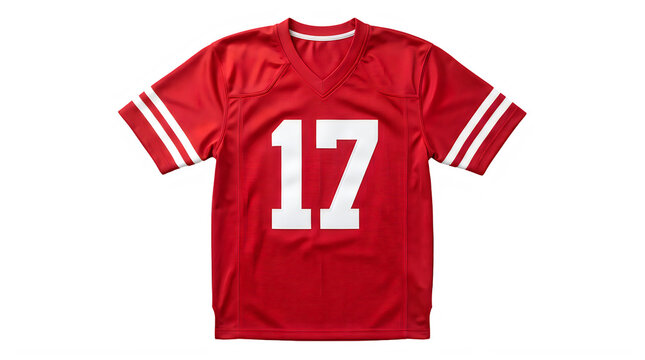 Red American football jersey with white stripes and number seventeen transparent background