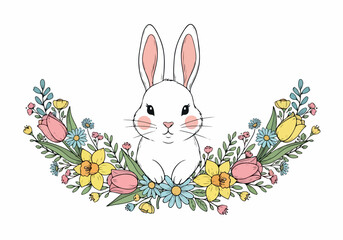 Naklejka premium Vector illustration of a cute white rabbit peeking out from behind a colorful spring floral arrangement, perfect for Easter