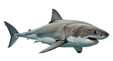Fototapeta premium Powerful great white shark, a magnificent marine predator isolated on a clean white background, showcasing its formidable presence