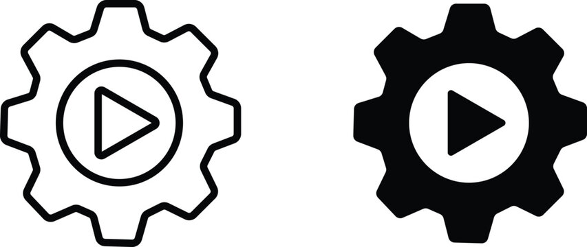 Minimalist gear play button icons, black outline and solid cogwheel vector set, automation and video processing symbols for web interface design