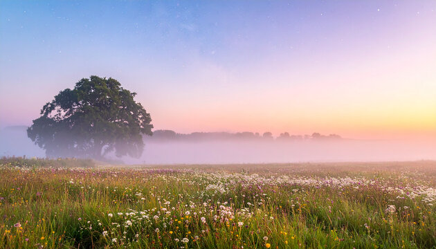 Misty meadow at dawn with lone tree