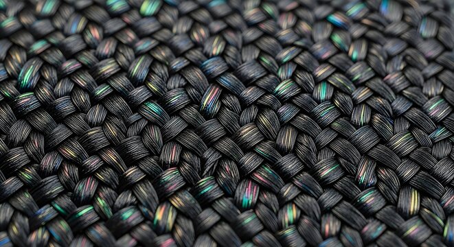 An ultra-modern macro shot of a futuristic carbon fiber material infused with an iridescent oil-slick finish. The weave reflects a spectrum of colors from deep violet to electric blue, representing th