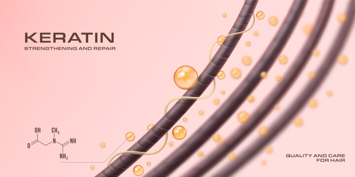 Shampoo keratin repair and hair roots. Molecule of oil protect and care hair follicle health, serum for scalp and skin great solution for damage hair. Luxury elegant banner with keratin formula