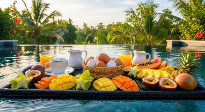 Breakfast in pool with various tropical fruits eggs drinks and plants