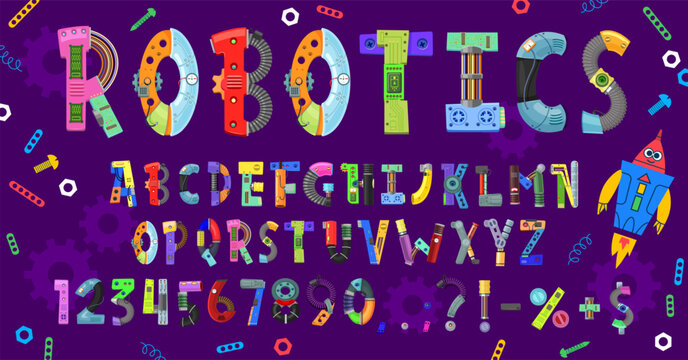Kids robot alphabet, droid font and mechanic type, vector typography. Cartoon robot font letters made of mechanical parts, screws, wires and pipes, electronic boards, robotic arms, gears and circuits