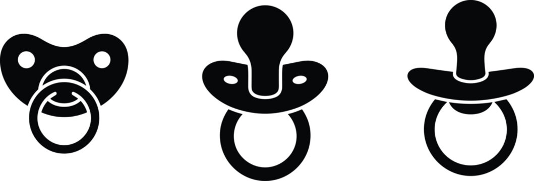 Three Black Silhouette Pacifiers with Different Nipple Shapes on White Background soother dummy