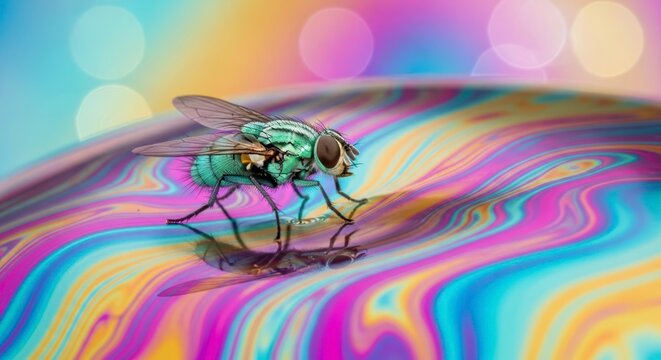Close up macro shot of fly on vibrant iridescent surface