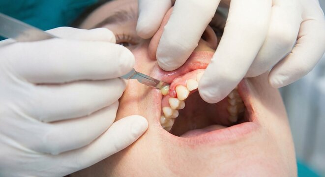 Close up view of a professional dentist performing oral surgery on a patient in a clinic.