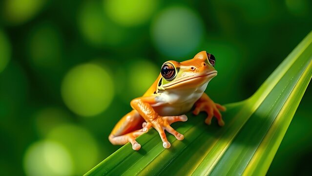 Wild tree frog perched on lush foliage, showcasing its natural habitat