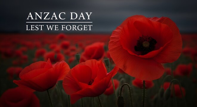 Anzac day lest we forget memorial background with red poppy flowers in a field