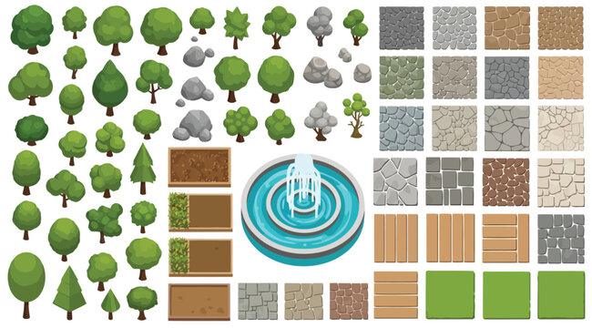 Set of isometric landscape elements, trees, stones, fountain, ground tiles, and textures for game design