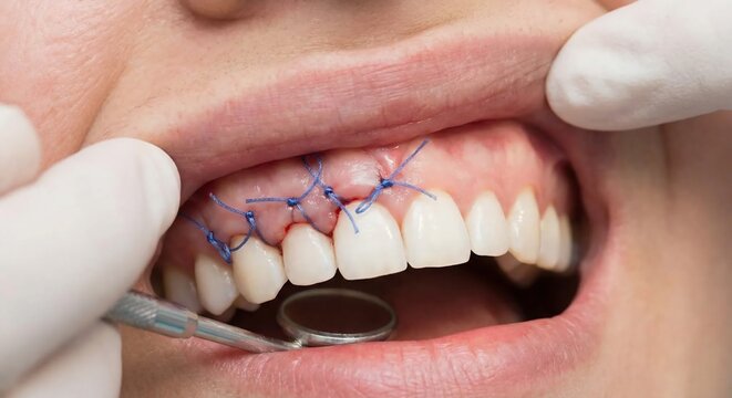 Dental patient with blue sutures on upper gums after periodontal surgery.